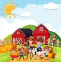 Premium Vector | Farm scene with many kids and animals on the farm